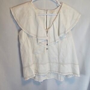 Pilcro Ruffled Collar Top‎ XS Button Front Raw Hem White Cotton Blend Boho